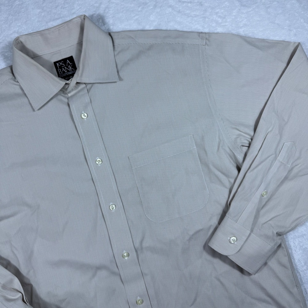 Jos. A. Bank Traveler Mens 15.5 33 Dress Shirt Tan White Micro Stripe Cotton